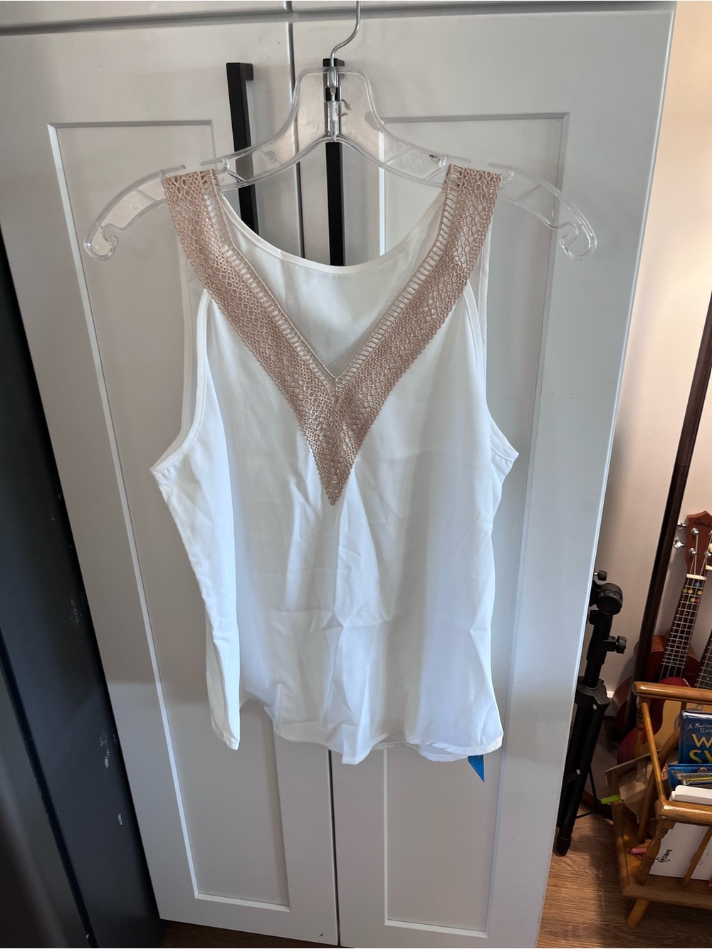 NWT Women’s Cupshe Sheer Sleeveless V-Neck Tank with Crochet Trim - White/Cream